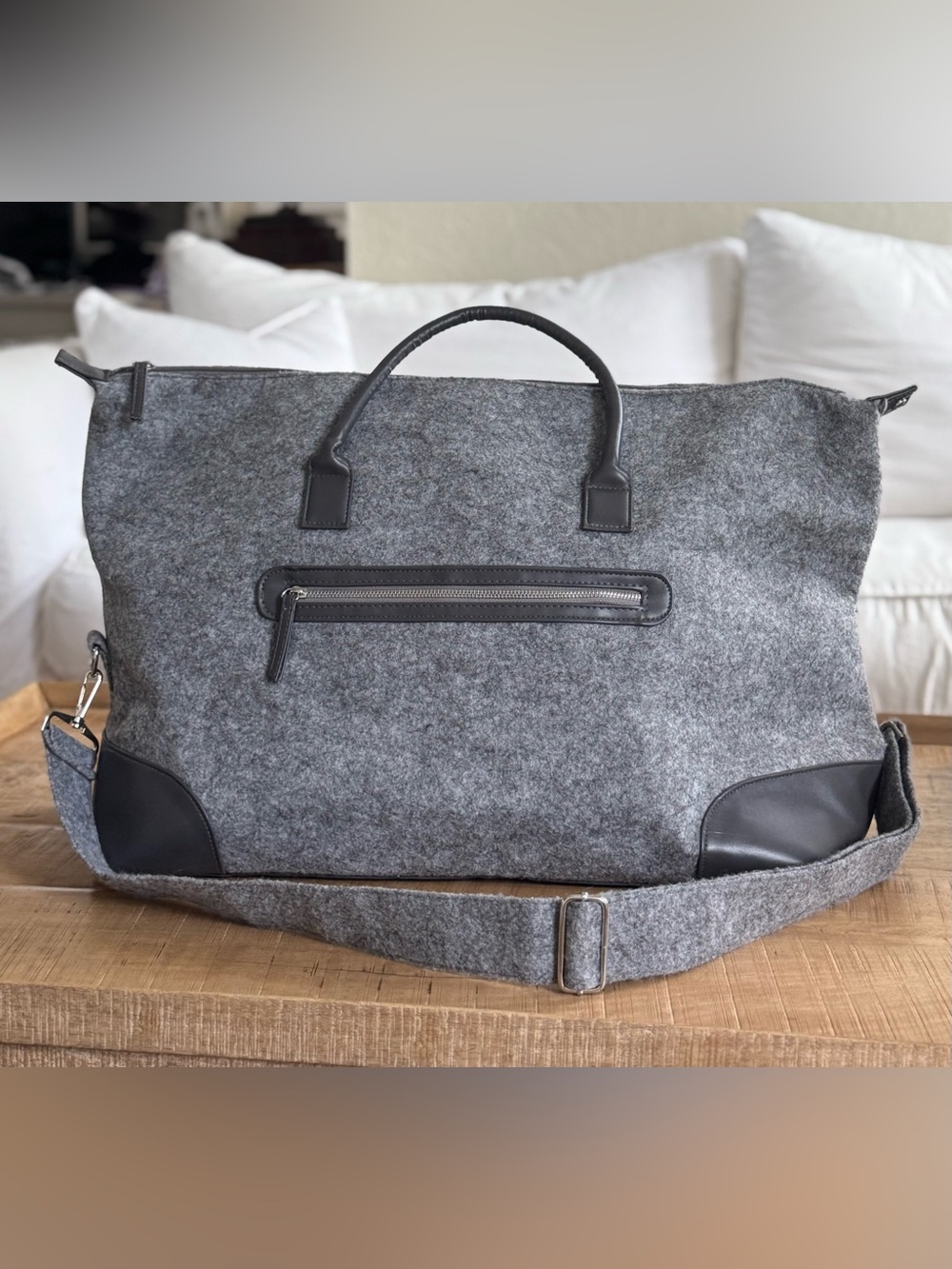 Large new weekender Gray Felt Tote Bag with Black vegan leather minimalist